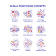 © bsd studio - Human trafficking concept icons set. Illegal slavery and exploitation idea thin line color illustrations. Human trade. Post traumatic mental issues. Vector isolated outline drawings. Editable stroke