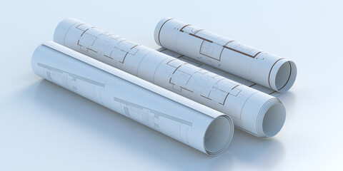 Construction project concept. Architecture blueprint rolls on white color background, 3d illustration