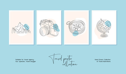 Minimal hand drawn travel vector illustration set for wall art or poster design.