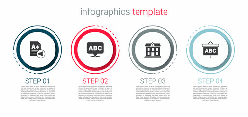 Sticker - Set Exam sheet with A plus grade, Alphabet, School building and Chalkboard. Business infographic template. Vector