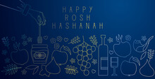 Rosh Hashanah. Vector Illustration. Jewish New Year Greeting Card Banner With Traditional Icons. Happy New Year, Shana Tova. Apple, Honey, Flowers And Leaves, Jewish New Year Symbols And Icons