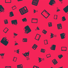 Poster - Set Test tube and flask, Dossier folder, Document with clip and Laptop on seamless pattern. Vector