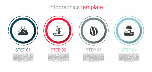 Sticker - Set Sun and cloud weather, Bare tree, Watermelon and Mushroom. Business infographic template. Vector