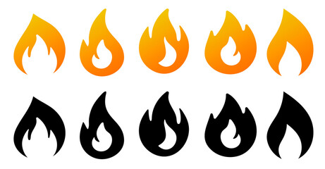 Aufkleber - Set of black and orange fire flame. Collection of hot flaming element. Vector flame illustration