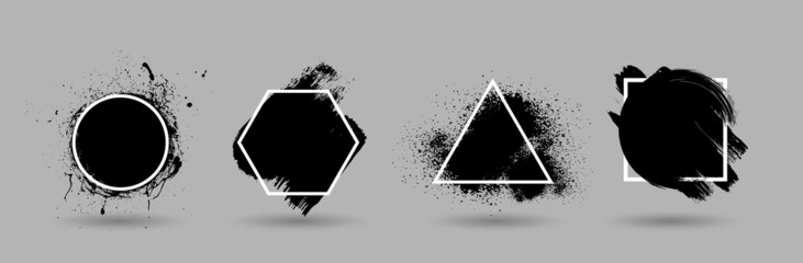 Poster - Grunge backgrounds set. Brush black paint ink stroke over geometric frame. Vector illustration