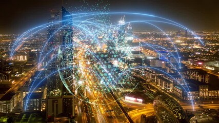 Poster - Smart City Aerial Drone Footage Hologram Information Arches Forming During Network Communication Futuristic Network and Technology 5G Drone Low Light 4k. Video loop, time lapse, Dubai UAE aerial view