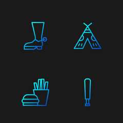 Canvas Print - Set line Baseball bat, Burger and french fries, Cowboy boot and Indian teepee or wigwam. Gradient color icons. Vector