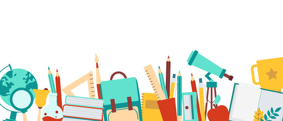 horizontal banner template with school supplies, tools, stationery, items. back to school concept fo