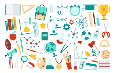 Back to school background. School supplies, tools, stationery. Ruler, globe, pen, pencil, books, set of flat design elements. Isolated vector illustration
