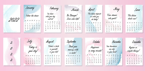 Calendar for 2022 with motivational phrases. Minimalistic design for calendar. Watercolor design for calendar.