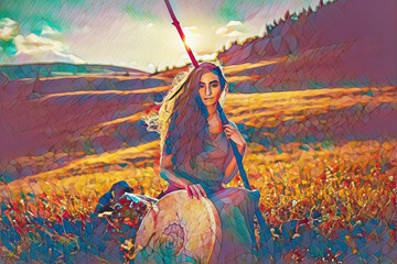 Fototapete - beautiful shamanic girl playing on shaman frame drum in the nature.