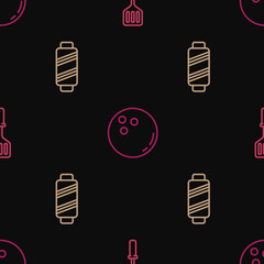 Sticker - Set line Spatula, Sewing thread on spool and Bowling ball on seamless pattern. Vector