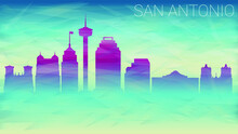 San Antonio Texas Skyline City SIlhouette. Broken Glass Abstract Geometric Dynamic Textured. Banner Background. Colorful Shape Composition.