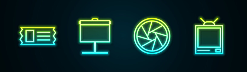 Set line Cinema ticket, Projection screen, Camera shutter and Retro tv. Glowing neon icon. Vector