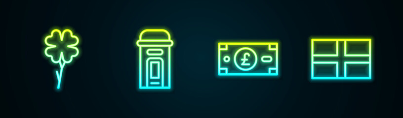 Sticker - Set line Four leaf clover, London phone booth, Pound sterling money and Flag of England. Glowing neon icon. Vector