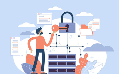 Poster - Secure data transmission concept. Access right. Safe file sharing. Protected web traffic. VPN. Analytical traffic assessment. Sharing documents.
