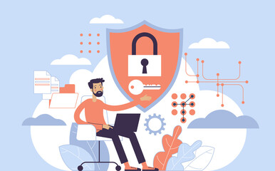 Poster - Secure data transmission concept. Access right. Safe file sharing. Protected web traffic. VPN. Analytical traffic assessment. Sharing documents.