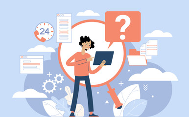 Poster - Website menu help concept. Online guides. Support landing page sections. Frequently asked Questions. Metaphor contact us. Help user interface.