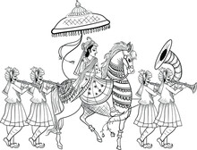 INDIAN GROOM AND BRIDE BARAAT BANDOLI WEDDING CARD CLIP ART LINE DRAWING SYMBOL. Indian Marriage Symbol Baraat, Music Player, Groom On Horse, Bandoli AND Bride