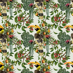 Wall Mural - Seamless pattern plant and hornbill birds.