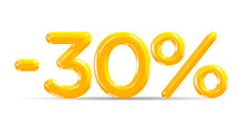 30 Percent Off. Discount Creative Composition Of Golden Or Yellow Balloons. 3d Mega Sale Or Thirty Percent Bonus Symbol On White Background. Sale Banner And Poster. Vector Illustration.