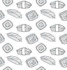 Wall Mural - Vector seamless pattern of hand drawn doodle sketch sushi roll isolated on white background