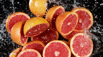 Poster - Super slow motion of sliced fresh grapefruits with water splash flying in the air. Filmed on high speed cinema camera, 1000 fps.