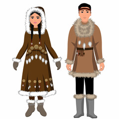 Woman and man in folk national Chukotka costumes. Vector illustration