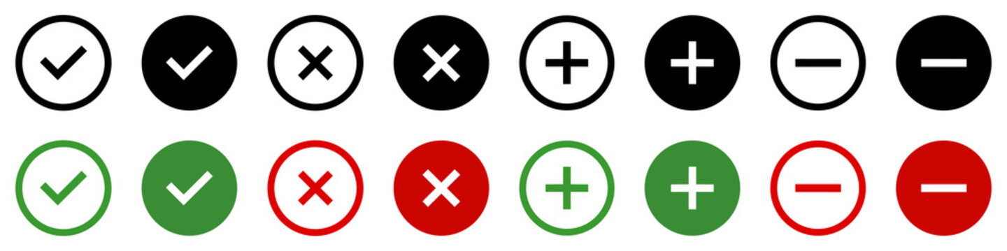 set of plus, minus, check mark and close buttons. approved - disapproved, plus, minus. checkmark ok 