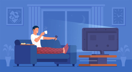 Wall Mural - Guy watch television on comfortable sofa having relaxation. Man relax indoor watching film movie, media broadcasting news or video show in living room stay home vector illustration