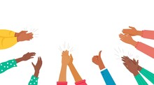 Applaud Hands Of Multicultural People Crowd Giving Respect. Man And Woman Greeting, Thanking, Supporting And Congratulating With Success Vector Illustration On White Background