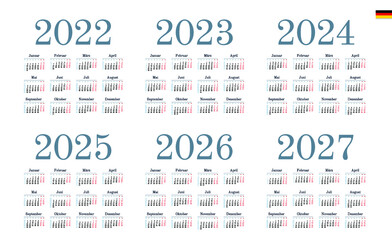 Wall Mural - German Calendar for 2022, 2023, 2024, 2025, 2026, 2027. Week starts on Monday