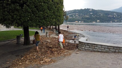 Europe, Italy, Como, July 2021  extensive damage after the flood in Como - Lake Como is full of woods and trees undermined by the force of the storm due to rain and overflowing rivers