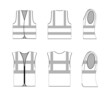 © studioworkstock - Sleeveless jacket safety uniform outline flat graphic sketch. Protective vest or shirt with stripe mockup design, fabric clothes linear draw vector illustration isolated on white background