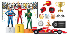 Winner Reward Ceremony In Motor Race Formula Car Competition. Racing Transport Driver On Podium Under Confetti Rain And Racing Attribute Collection Vector Illustration Isolated On White Background