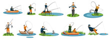 People Fishing Hobby Outdoors Activity On Nature Set. Young Adult Fisherman With Spinning Rod On Rover Bank Or Floating In Boat Enjoy Fishing Vector Illustration Isolated On White Background