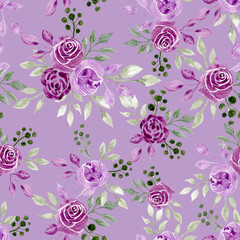 Seamless floral pattern. Hand drawn watercolour lilac roses on a lilac background.