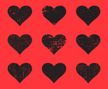 Black Grunge Hearts Set. Distressed Texture Heart Isolated On A Red Background. Vector Illustration