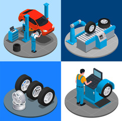 Canvas Print - Four Tire Production Service Isometric Icon Set