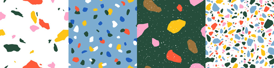 terrazzo seamless pattern collection in bright primary colors with abstract mosaic stone shapes. ret