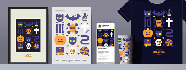 Wall Mural - Happy Halloween. October 31. Simple, vector, flat illustration. Set of elements, picture, poster, mobile screen, t-shirt, glass. Perfect for poster, media banner, cover or postcard.