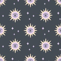 Wall Mural - seamless pattern with magic sun on dark background