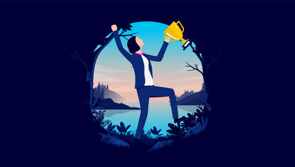Aufkleber - Woman triumph - Businesswoman winning with trophy in hand in oval frame. Vector illustration