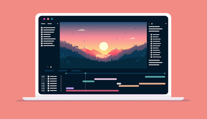 Leinwandbilder - Video software on computer screen - Application for editing videos with timeline and user interface on laptop. Vector illustration