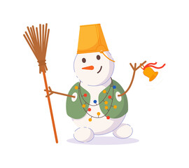 Wall Mural - Funny snowman with christmas light, broom isolated on white