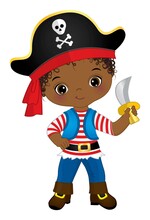 Cute Little African American Pirate Wearing Hat With Skull. Vector Pirate
