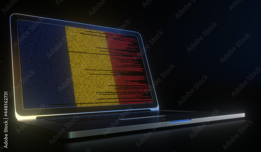 Romania Flag Computer Flag of Romania made with computer code on the laptop screen. Hacking ...