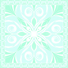 Poster -  scarf pattern design on red. Geometric ornament with frame, border. Bandanna, shawl, scarf, tablecloth design for textile fabric print 