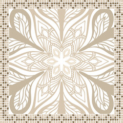 Poster -  scarf pattern design on red. Geometric ornament with frame, border. Bandanna, shawl, scarf, tablecloth design for textile fabric print 