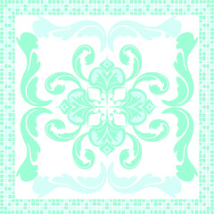 Poster -  scarf pattern design on red. Geometric ornament with frame, border. Bandanna, shawl, scarf, tablecloth design for textile fabric print 